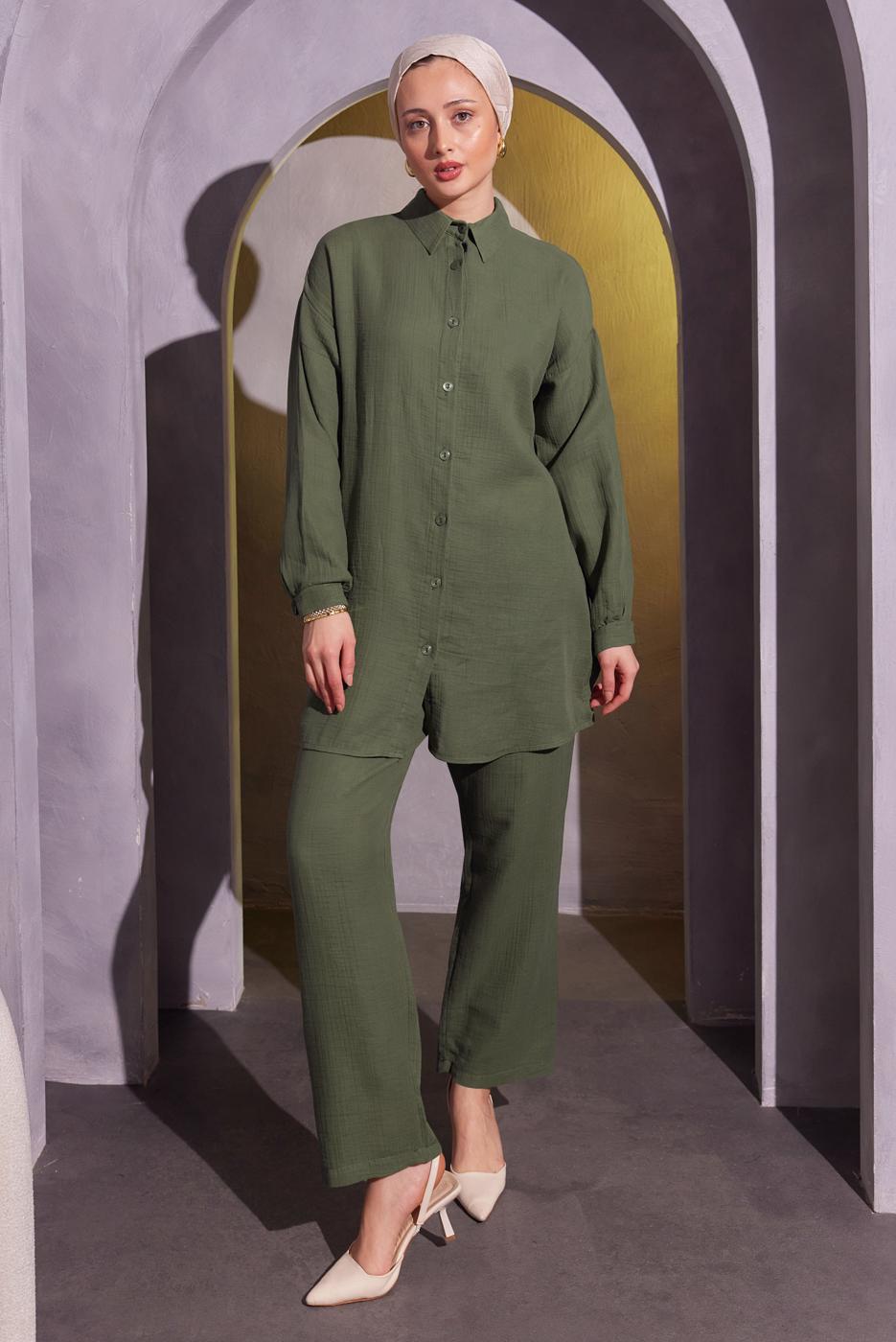 Tesettür giyim HAKİ PANTOLONLU MÜSLİN TAKIM T 4904