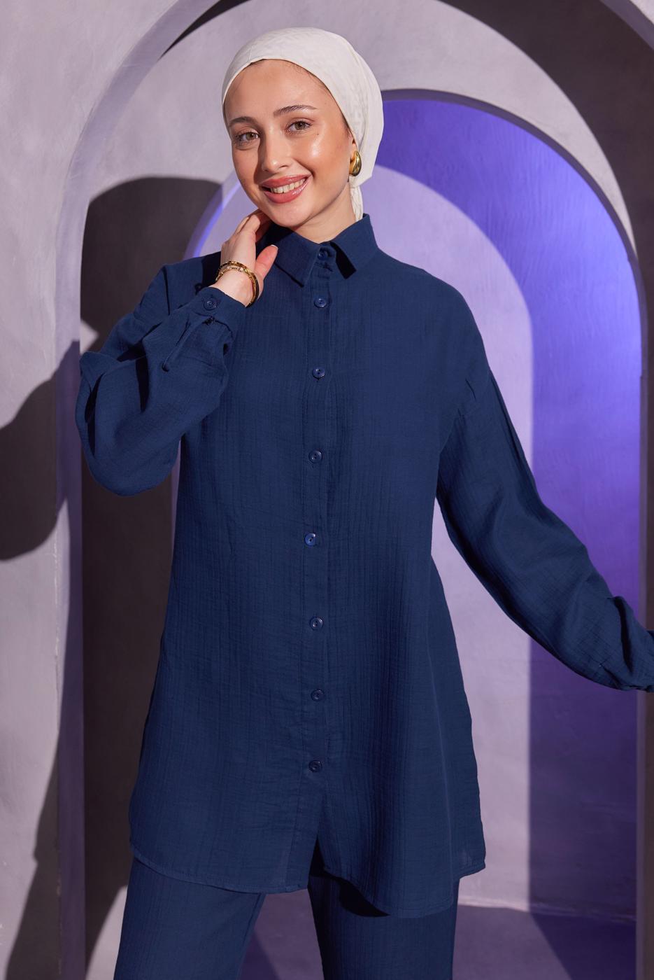 Tesettür giyim LACİVERT PANTOLONLU MÜSLİN TAKIM T 4904