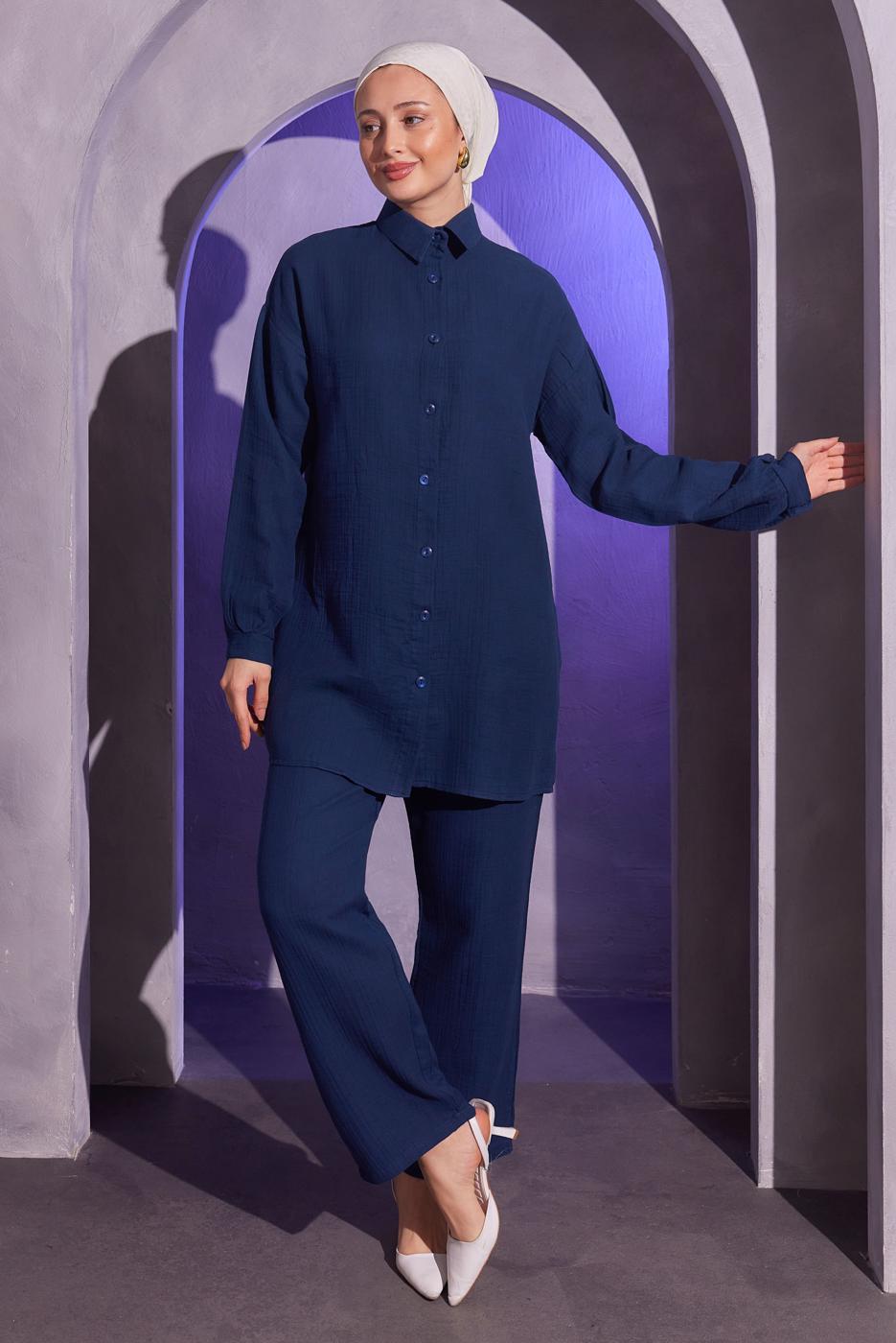 Tesettür giyim LACİVERT PANTOLONLU MÜSLİN TAKIM T 4904