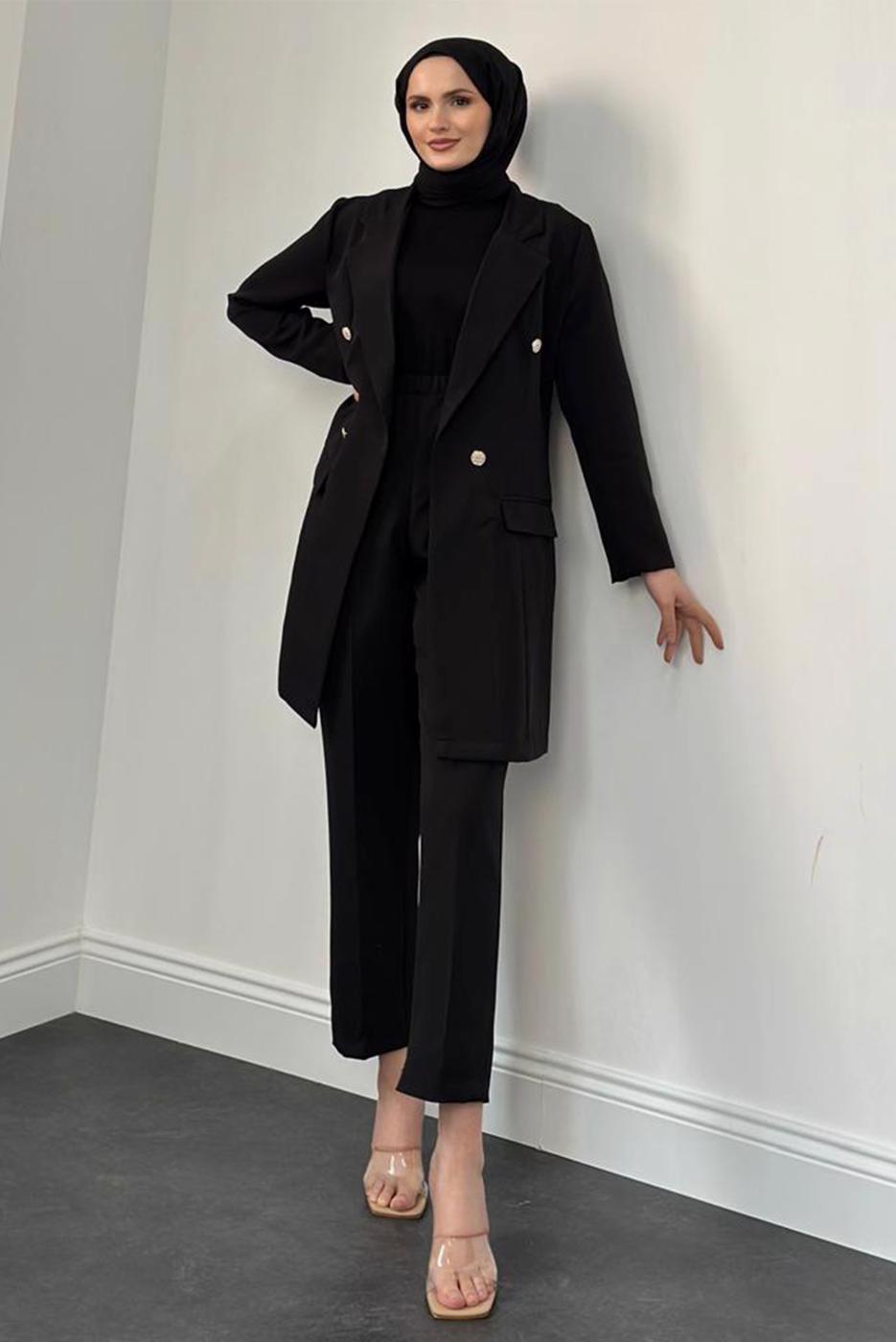 Tesettür giyim SİYAH KRUVAZE YAKA PANTOLONLU TAKIM T 4995