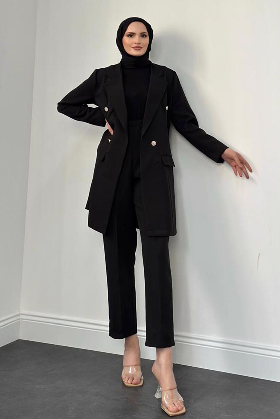 Tesettür giyim SİYAH KRUVAZE YAKA PANTOLONLU TAKIM T 4995