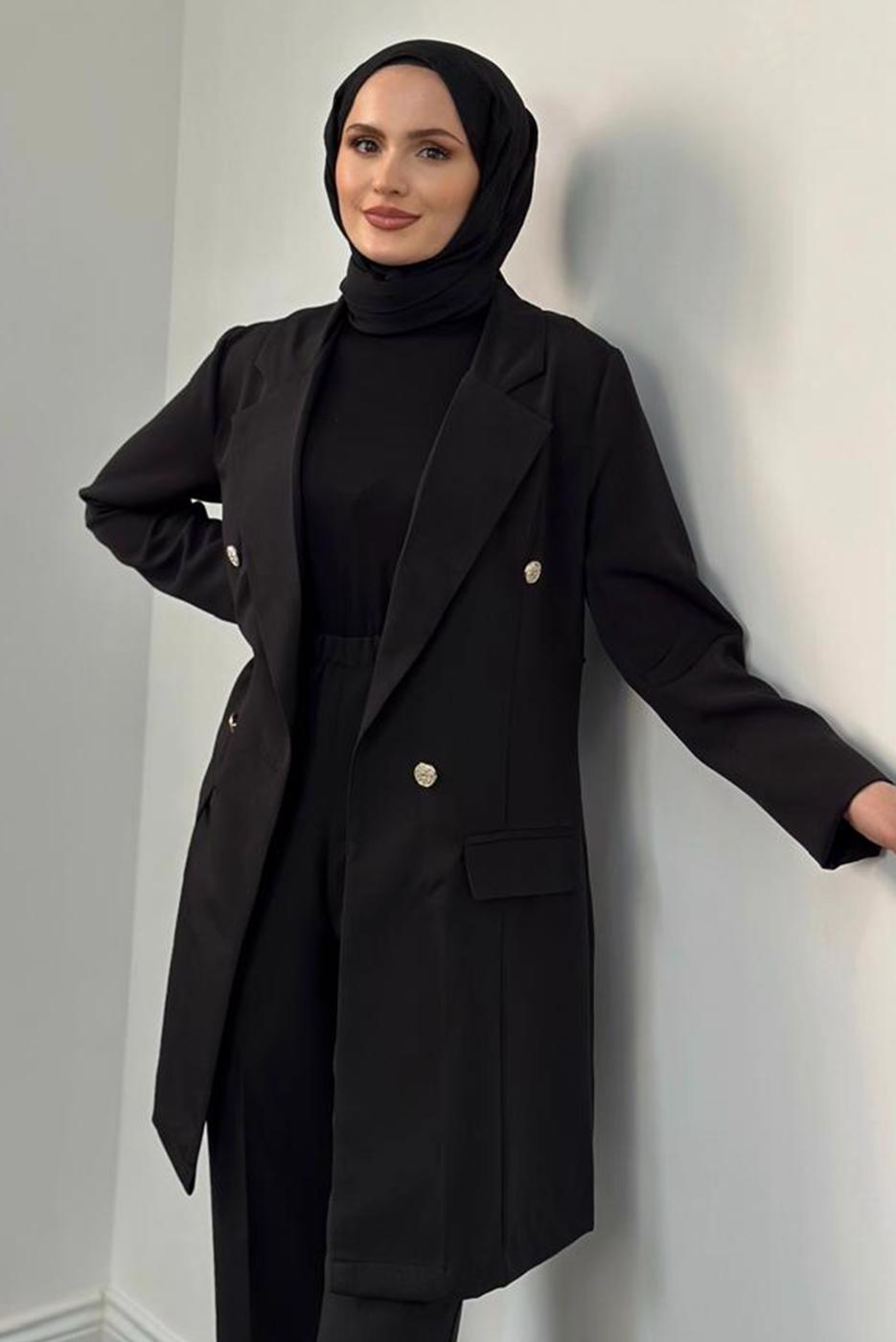 Tesettür giyim SİYAH KRUVAZE YAKA PANTOLONLU TAKIM T 4995