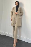 Tesettür giyim BEJ KRUVAZE YAKA PANTOLONLU TAKIM T 4995