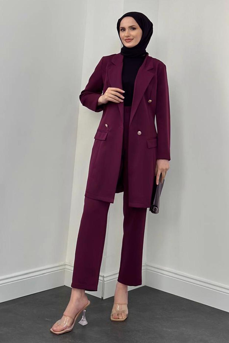 Tesettür giyim MÜRDÜM KRUVAZE YAKA PANTOLONLU TAKIM T 4995
