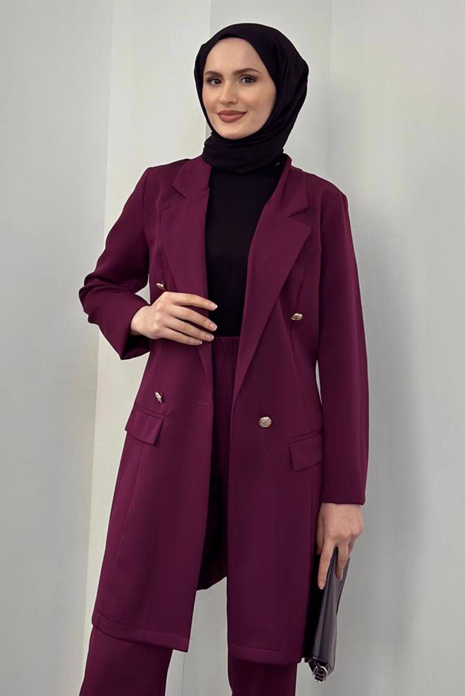 Tesettür giyim MÜRDÜM KRUVAZE YAKA PANTOLONLU TAKIM T 4995