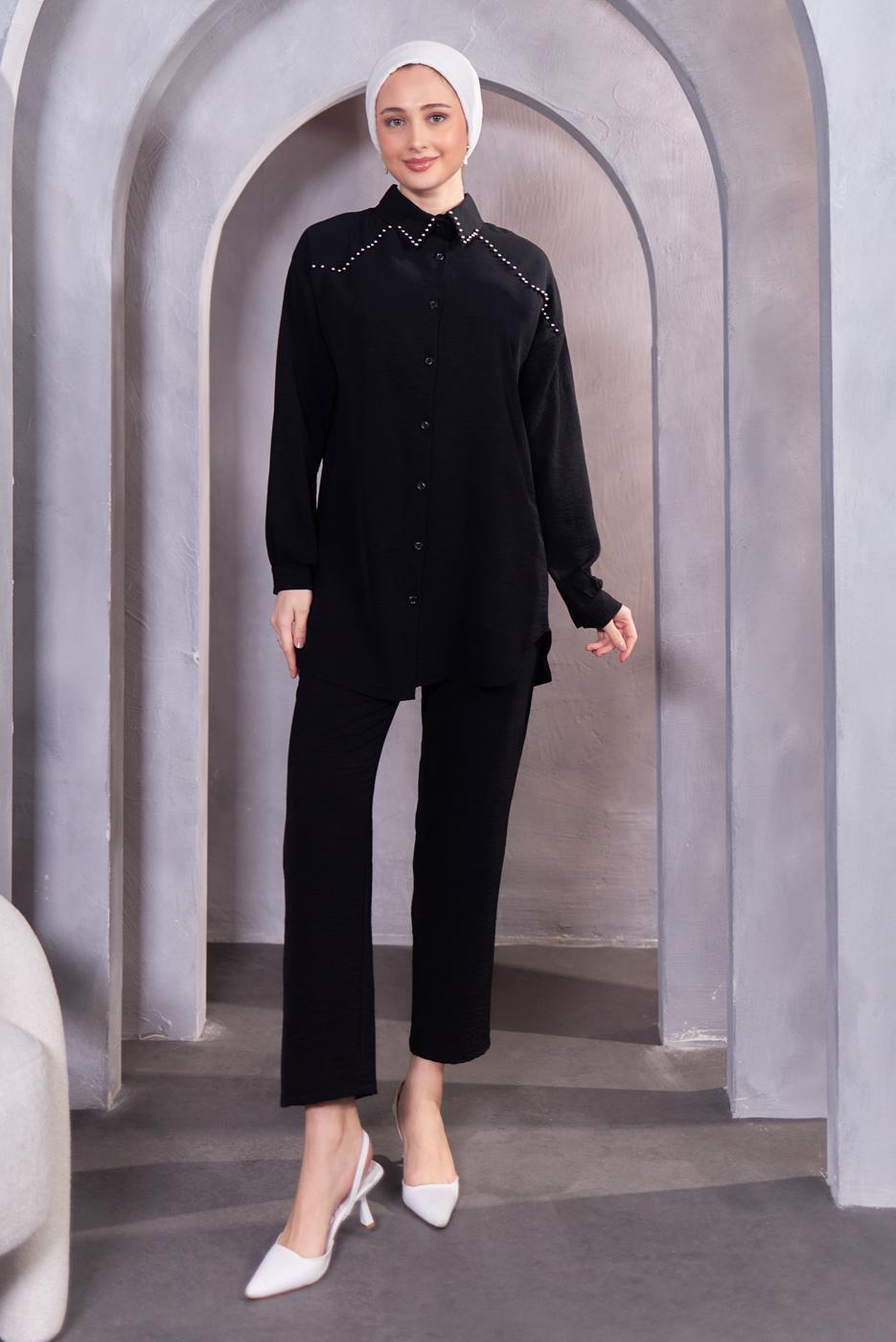 Tesettür giyim SİYAH BONCUK DETAYLI PANTOLONLU TAKIM T 5093