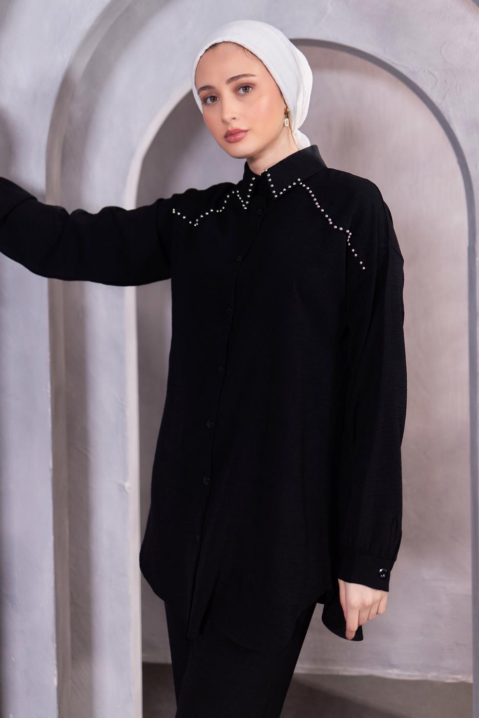 Tesettür giyim SİYAH BONCUK DETAYLI PANTOLONLU TAKIM T 5093