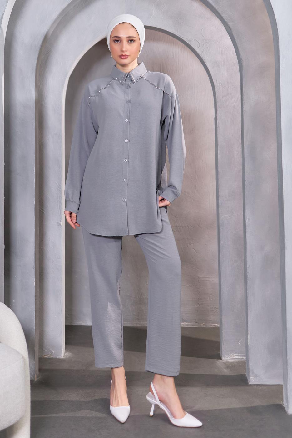Tesettür giyim GRİ BONCUK DETAYLI PANTOLONLU TAKIM T 5093