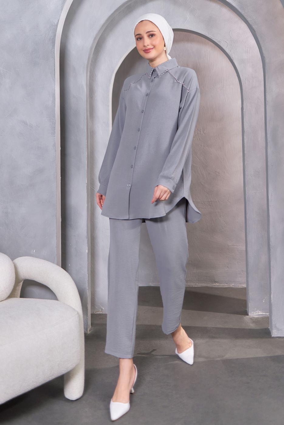 Tesettür giyim GRİ BONCUK DETAYLI PANTOLONLU TAKIM T 5093