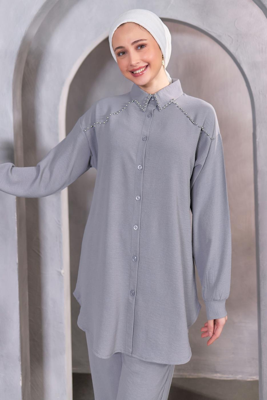 Tesettür giyim GRİ BONCUK DETAYLI PANTOLONLU TAKIM T 5093