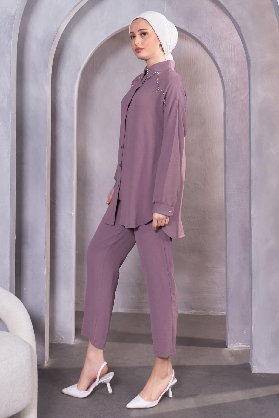 Tesettür giyim MOR BONCUK DETAYLI PANTOLONLU TAKIM T 5093