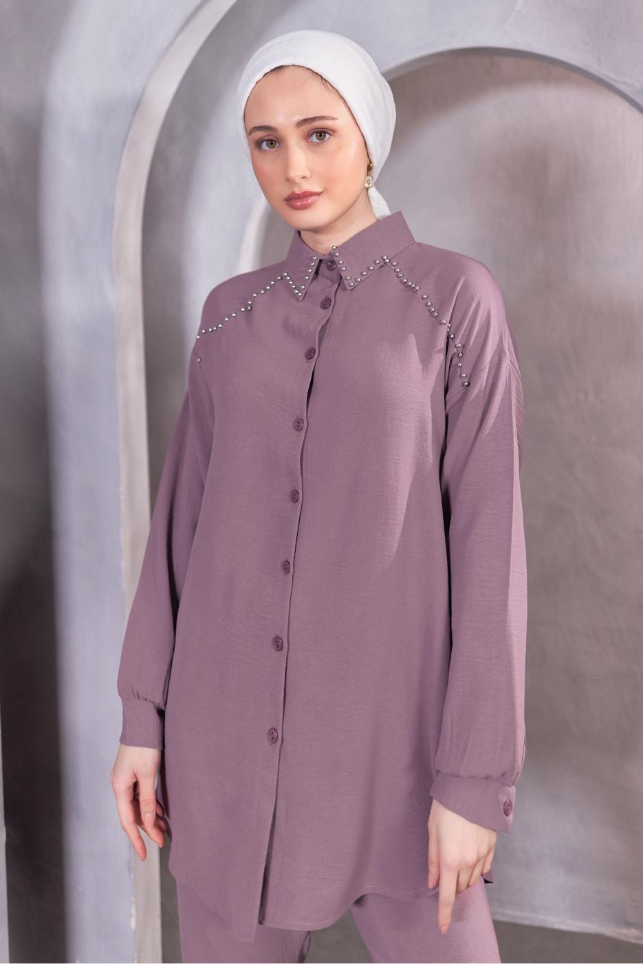 Tesettür giyim MOR BONCUK DETAYLI PANTOLONLU TAKIM T 5093