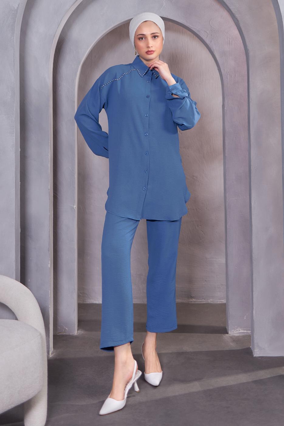 Tesettür giyim LACİVERT BONCUK DETAYLI PANTOLONLU TAKIM T 5093