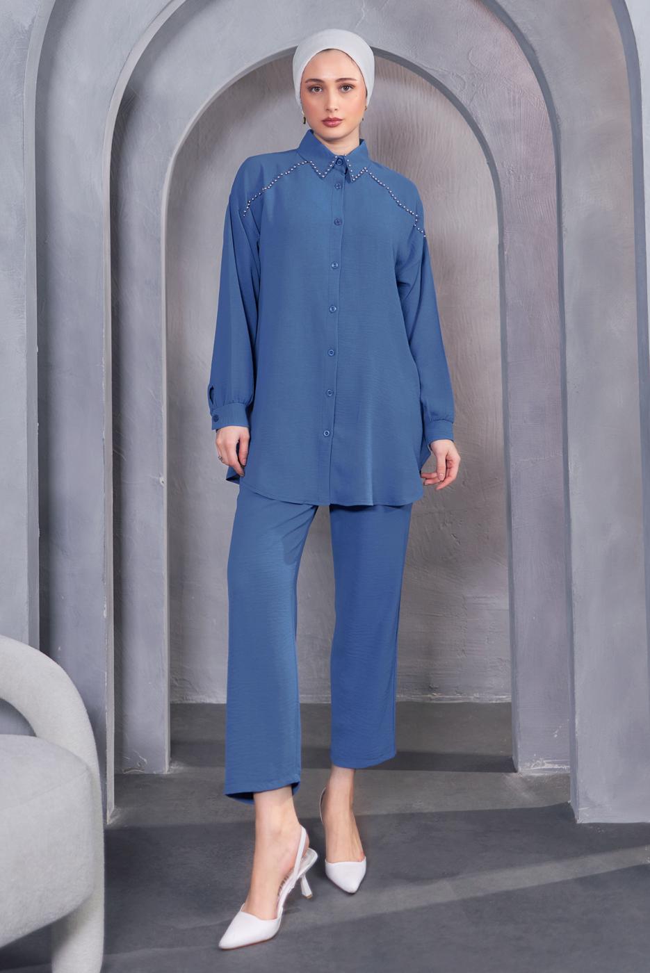 Tesettür giyim LACİVERT BONCUK DETAYLI PANTOLONLU TAKIM T 5093