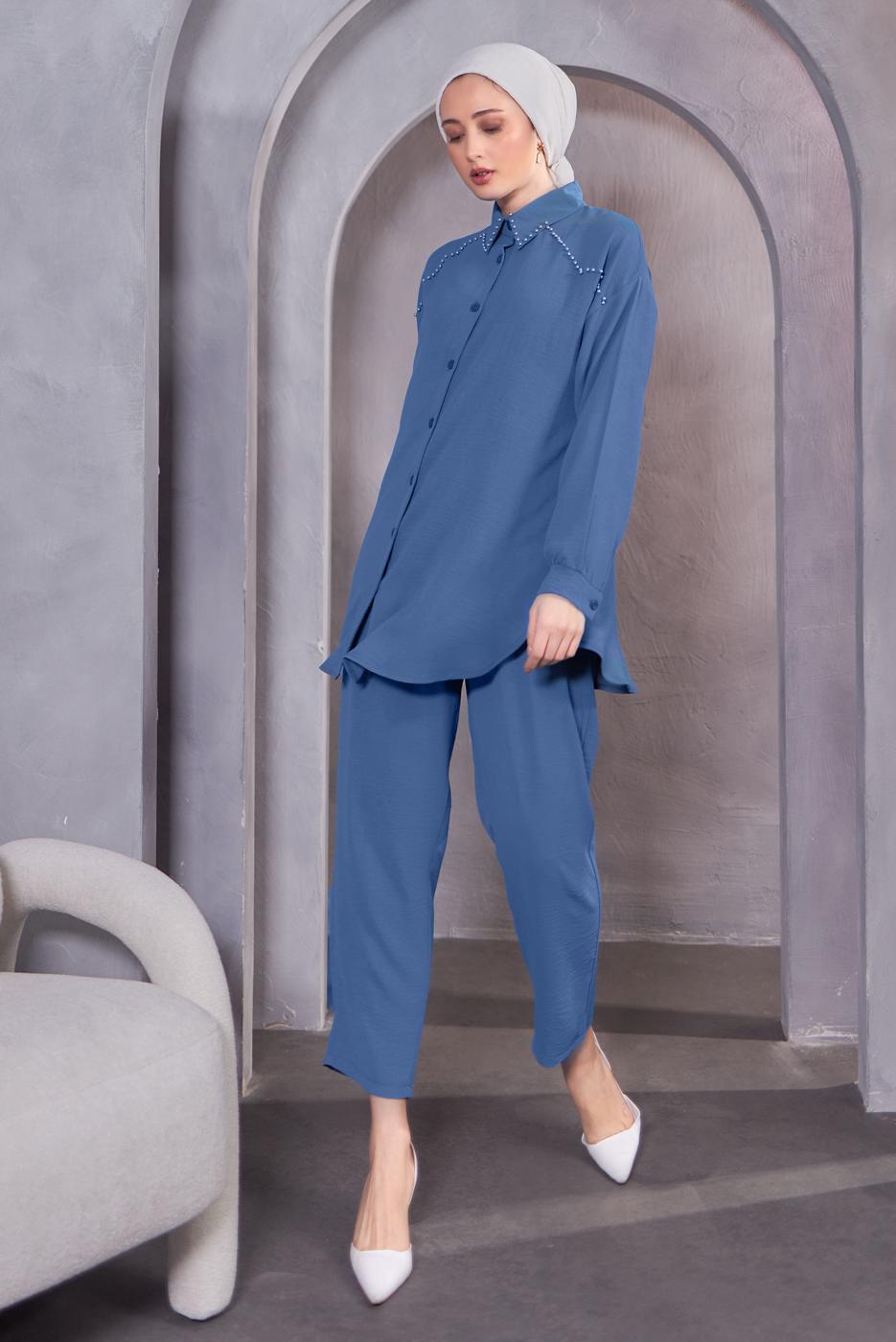 Tesettür giyim LACİVERT BONCUK DETAYLI PANTOLONLU TAKIM T 5093