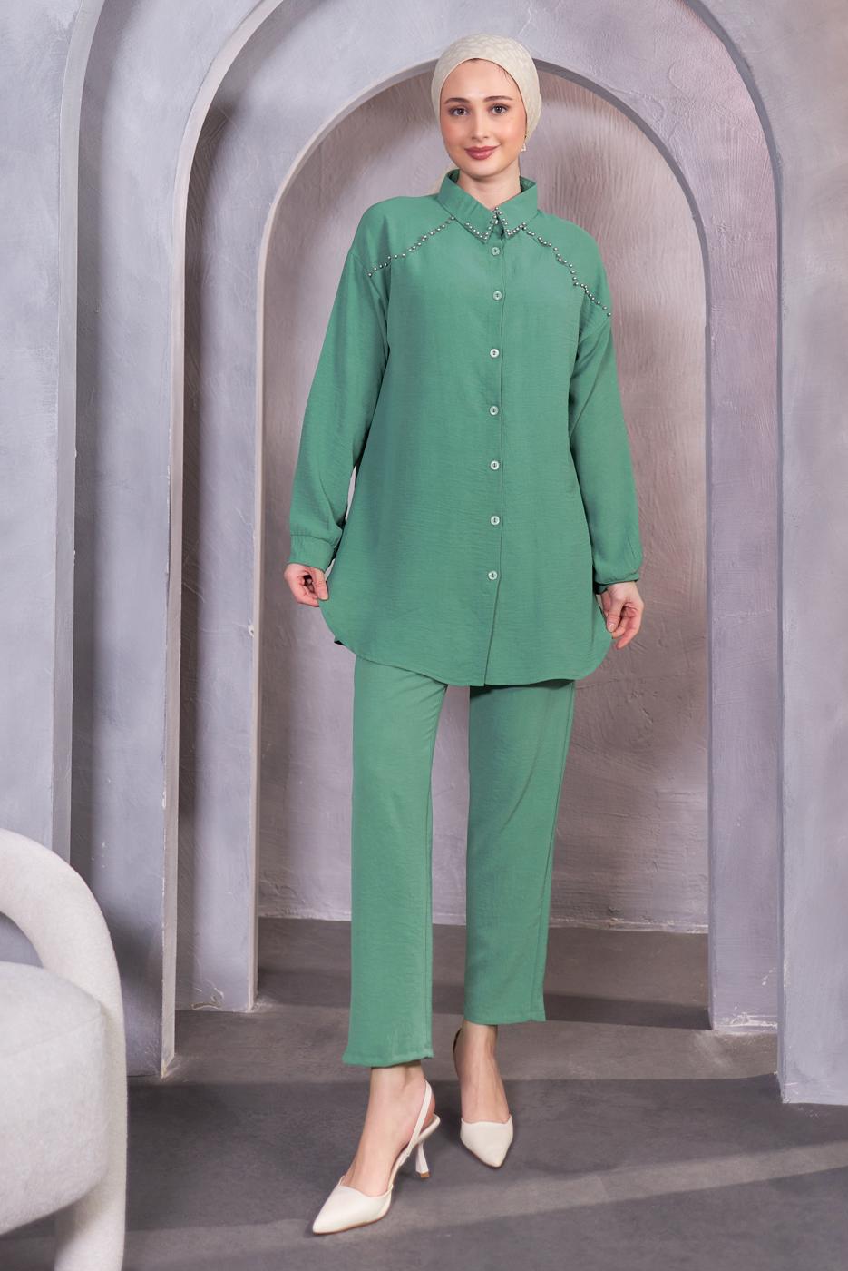 Tesettür giyim YEŞİL BONCUK DETAYLI PANTOLONLU TAKIM T 5093