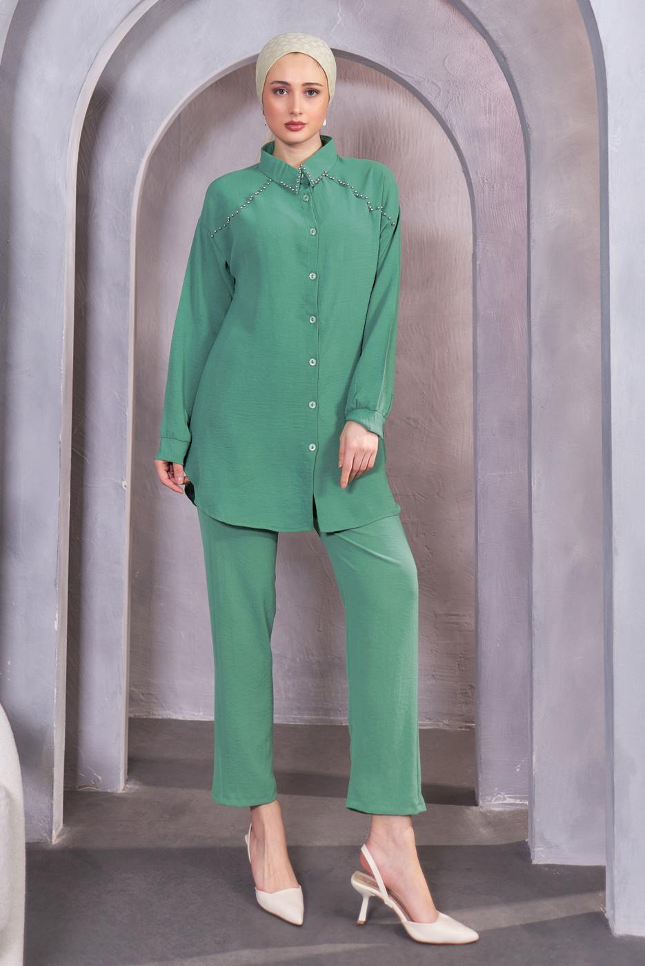 Tesettür giyim YEŞİL BONCUK DETAYLI PANTOLONLU TAKIM T 5093