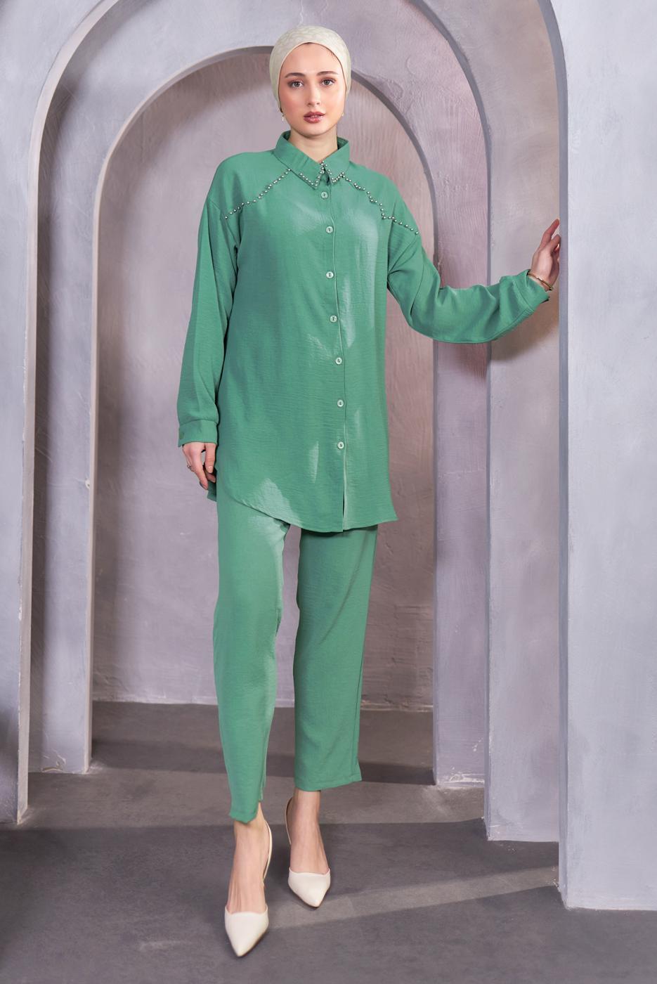 Tesettür giyim YEŞİL BONCUK DETAYLI PANTOLONLU TAKIM T 5093