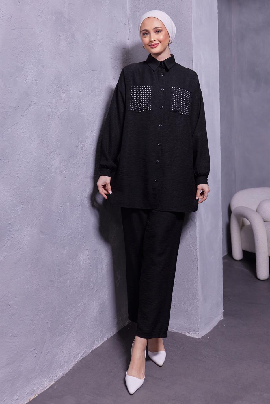 Tesettür giyim SİYAH ZIMBA DETAYLI PANTOLONLU TAKIM T 5193