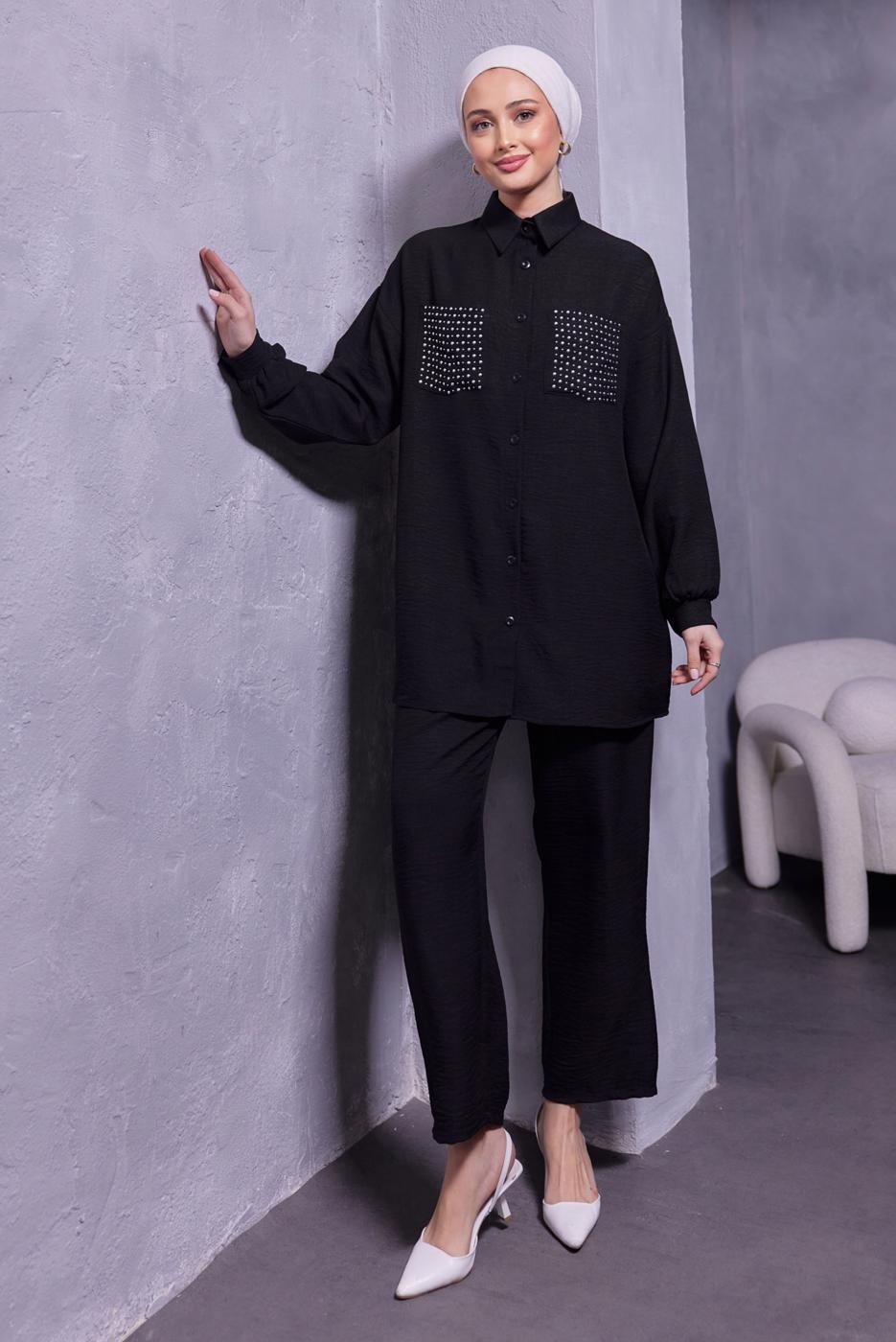 Tesettür giyim SİYAH ZIMBA DETAYLI PANTOLONLU TAKIM T 5193
