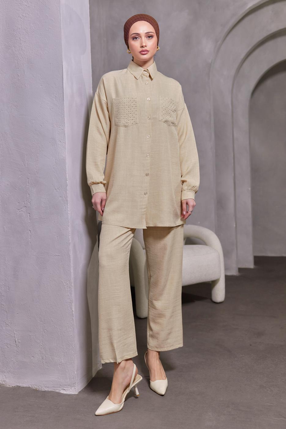 Tesettür giyim BEJ ZIMBA DETAYLI PANTOLONLU TAKIM T 5193