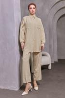 Tesettür giyim BEJ ZIMBA DETAYLI PANTOLONLU TAKIM T 5193