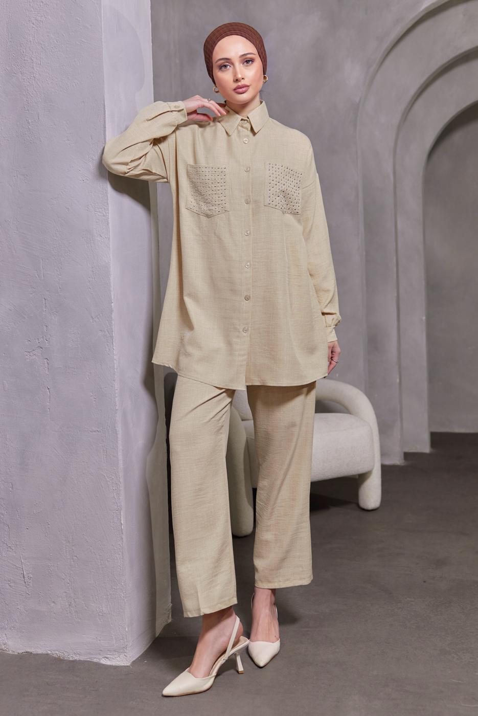 Tesettür giyim BEJ ZIMBA DETAYLI PANTOLONLU TAKIM T 5193
