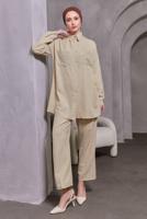 Tesettür giyim BEJ ZIMBA DETAYLI PANTOLONLU TAKIM T 5193