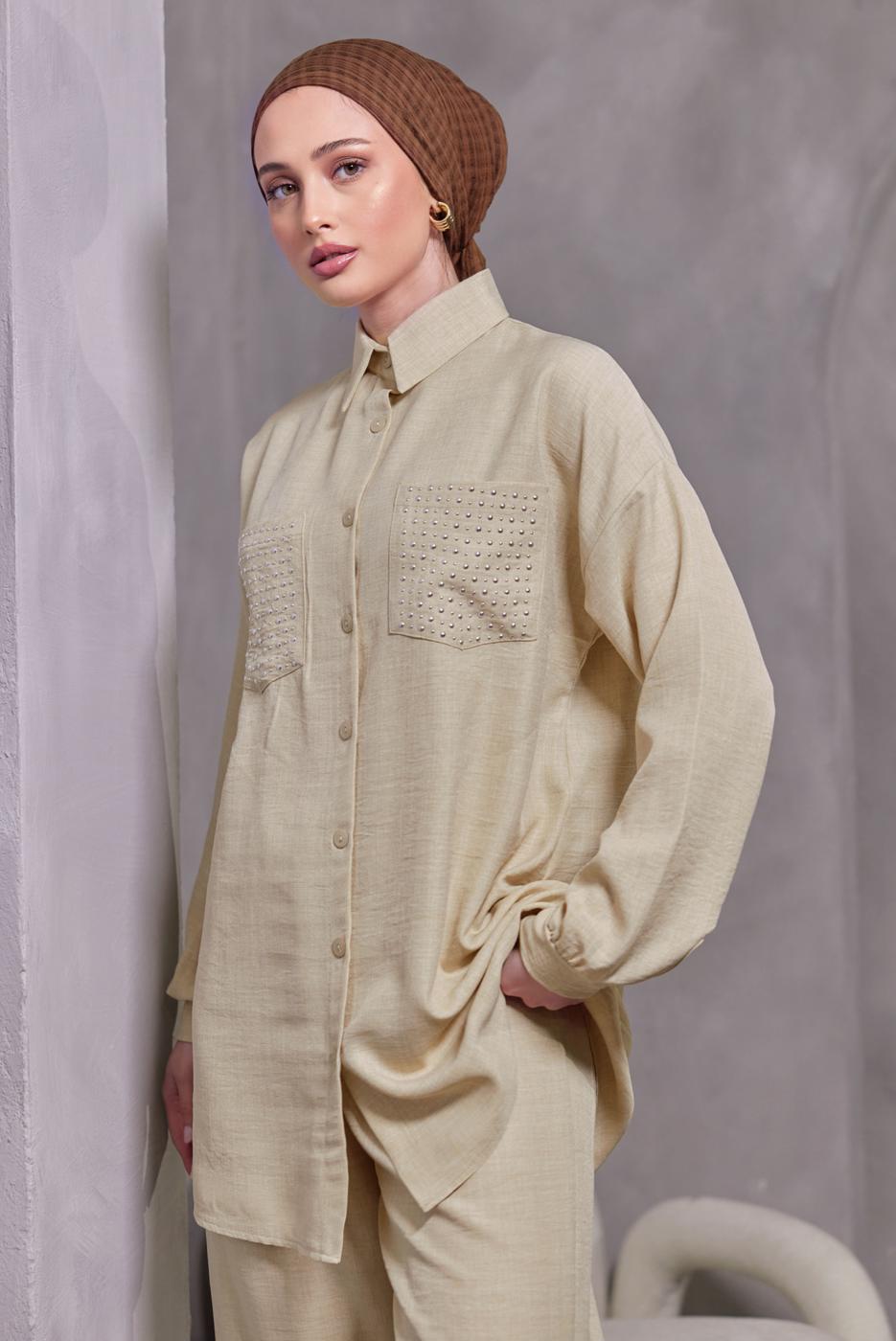 Tesettür giyim BEJ ZIMBA DETAYLI PANTOLONLU TAKIM T 5193