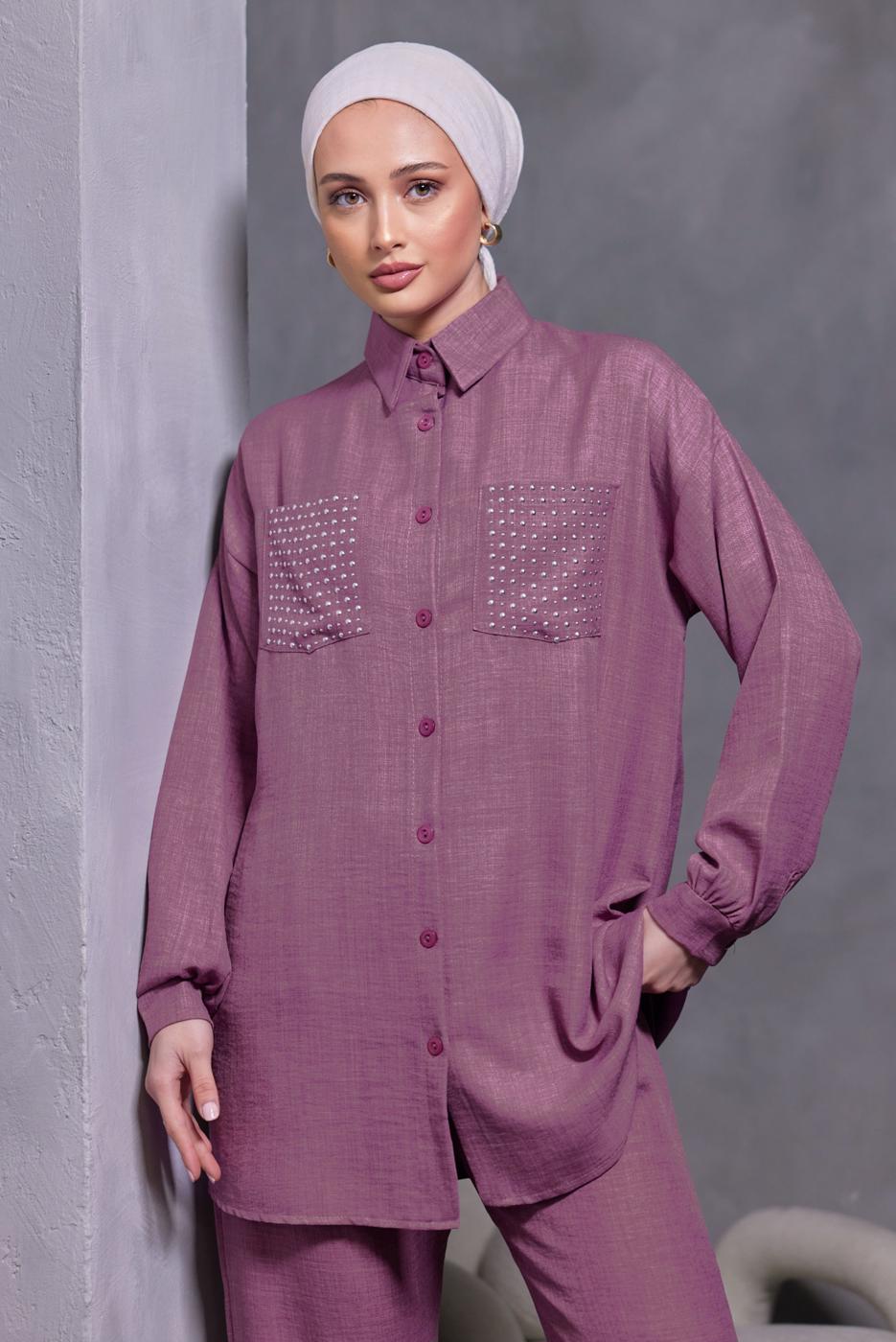 Tesettür giyim MOR ZIMBA DETAYLI PANTOLONLU TAKIM T 5193