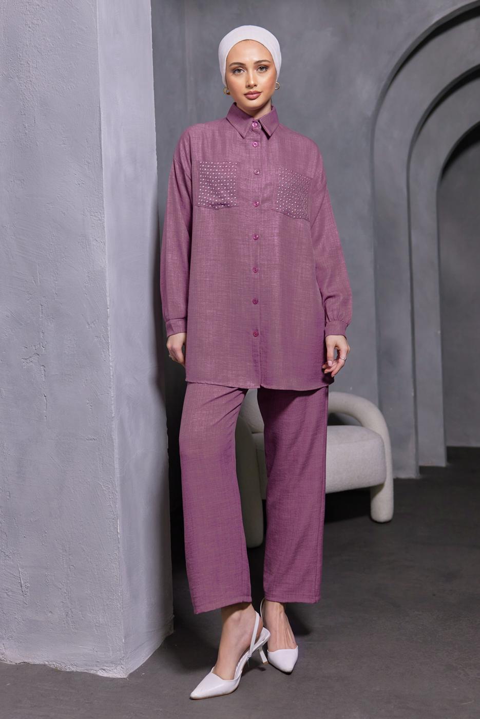 Tesettür giyim MOR ZIMBA DETAYLI PANTOLONLU TAKIM T 5193