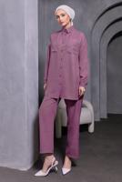 Tesettür giyim MOR ZIMBA DETAYLI PANTOLONLU TAKIM T 5193