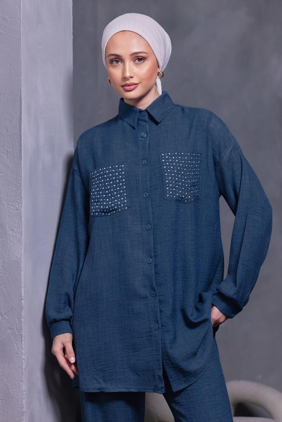 Tesettür giyim LACİVERT ZIMBA DETAYLI PANTOLONLU TAKIM T 5193