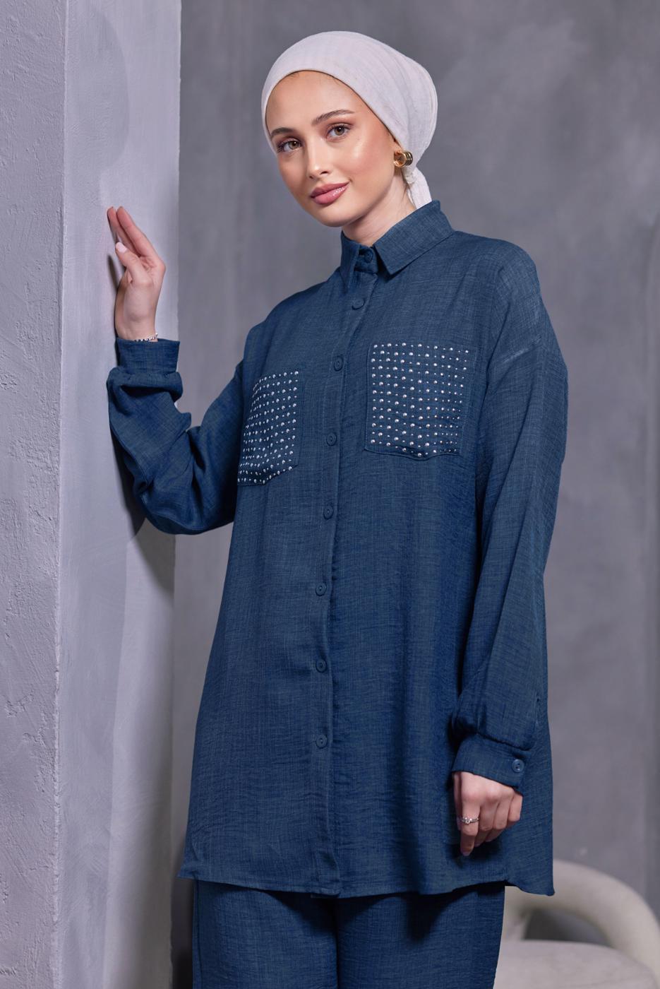 Tesettür giyim LACİVERT ZIMBA DETAYLI PANTOLONLU TAKIM T 5193