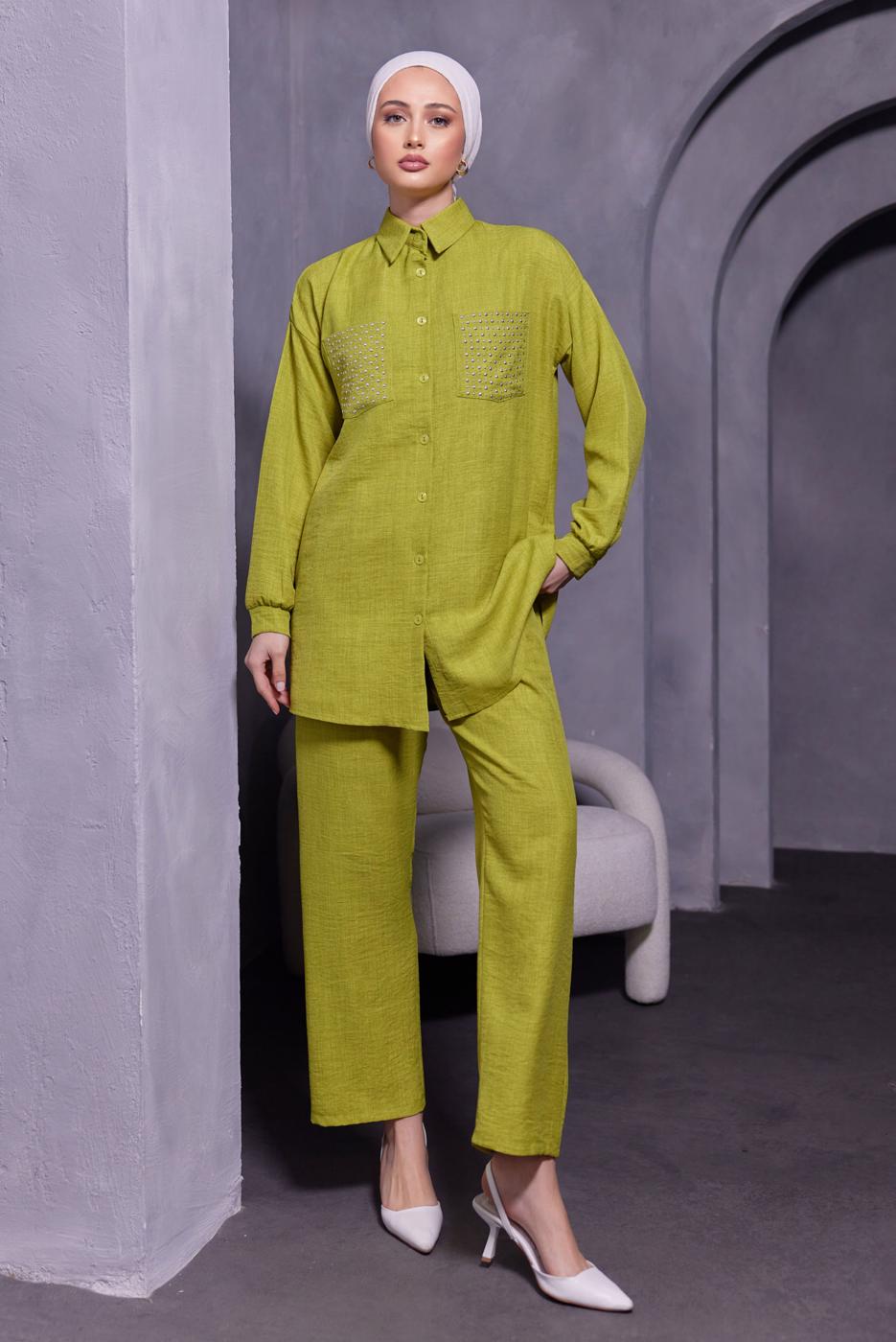 Tesettür giyim YEŞİL ZIMBA DETAYLI PANTOLONLU TAKIM T 5193