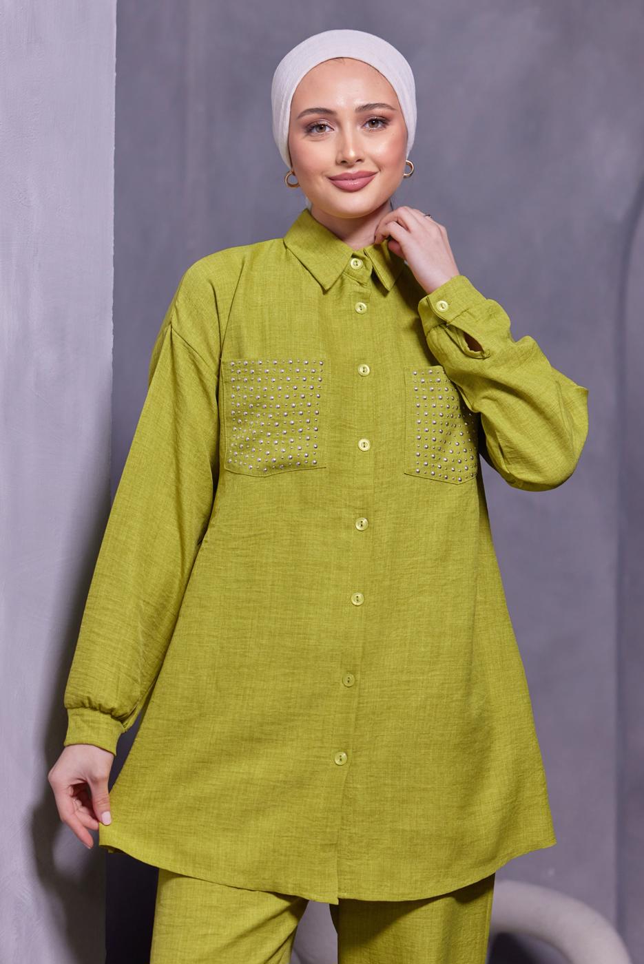 Tesettür giyim YEŞİL ZIMBA DETAYLI PANTOLONLU TAKIM T 5193