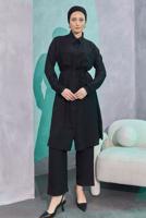 Tesettür giyim SİYAH KETEN GÖRÜNÜMLÜ PANTOLONLU TAKIM T 5304