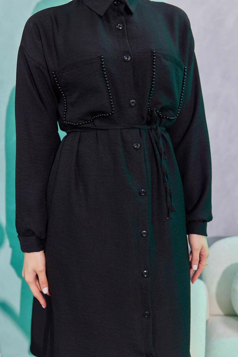 Tesettür giyim SİYAH KETEN GÖRÜNÜMLÜ PANTOLONLU TAKIM T 5304