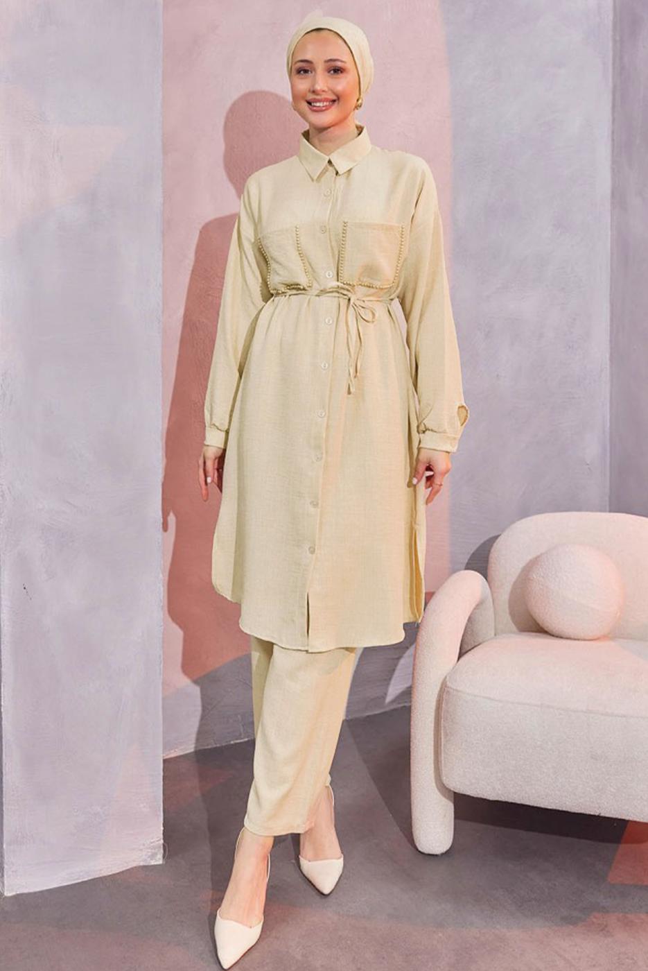 Tesettür giyim BEJ KETEN GÖRÜNÜMLÜ PANTOLONLU TAKIM T 5304