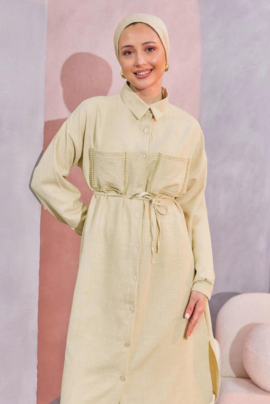 Tesettür giyim BEJ KETEN GÖRÜNÜMLÜ PANTOLONLU TAKIM T 5304