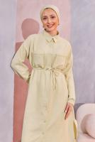 Tesettür giyim BEJ KETEN GÖRÜNÜMLÜ PANTOLONLU TAKIM T 5304