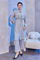 Tesettür giyim GRİ KETEN GÖRÜNÜMLÜ PANTOLONLU TAKIM T 5304