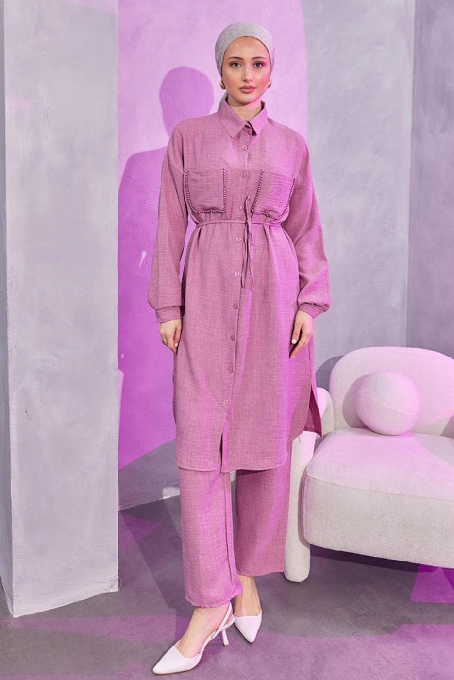 Tesettür giyim MOR KETEN GÖRÜNÜMLÜ PANTOLONLU TAKIM T 5304