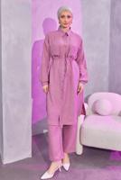 Tesettür giyim MOR KETEN GÖRÜNÜMLÜ PANTOLONLU TAKIM T 5304