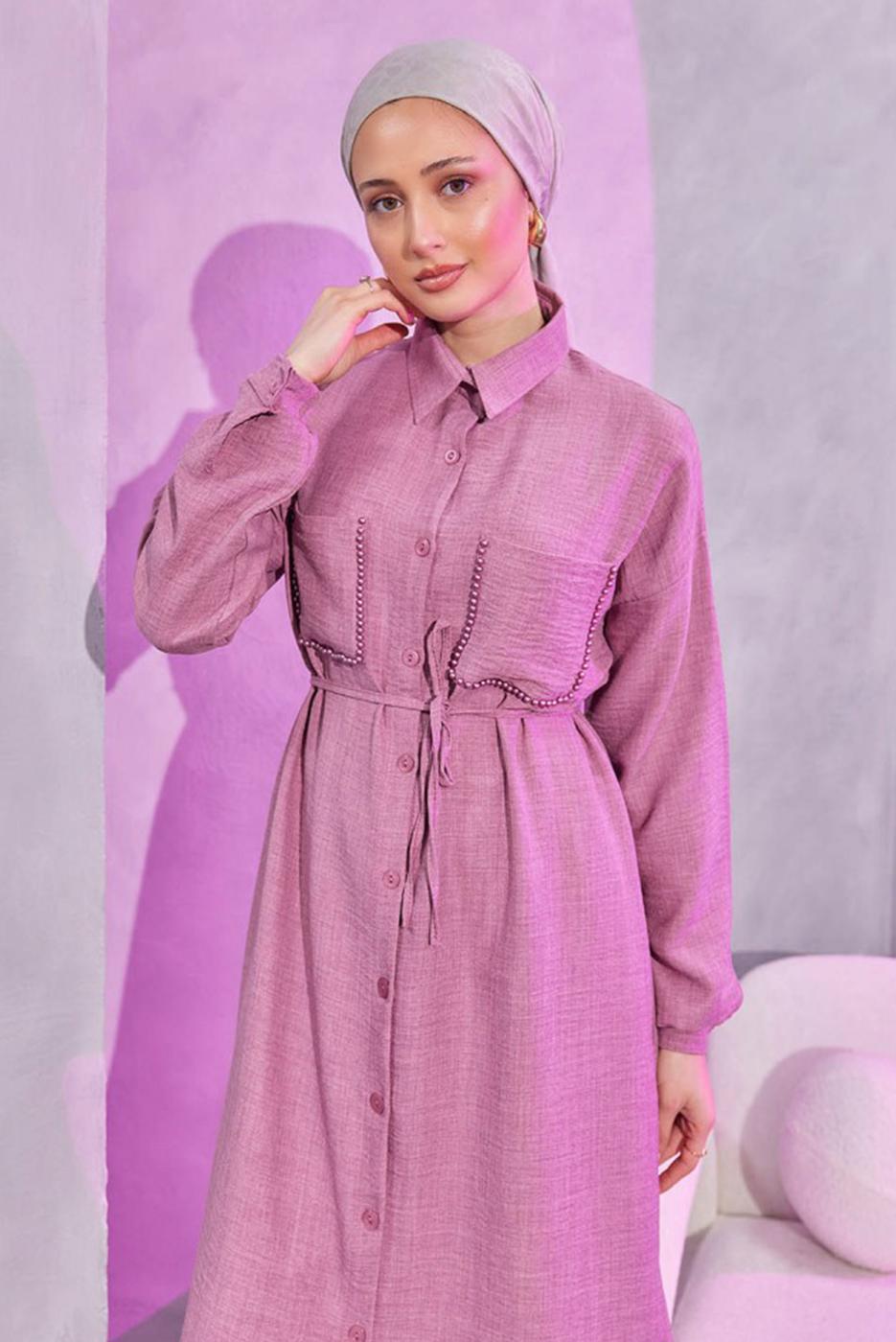 Tesettür giyim MOR KETEN GÖRÜNÜMLÜ PANTOLONLU TAKIM T 5304