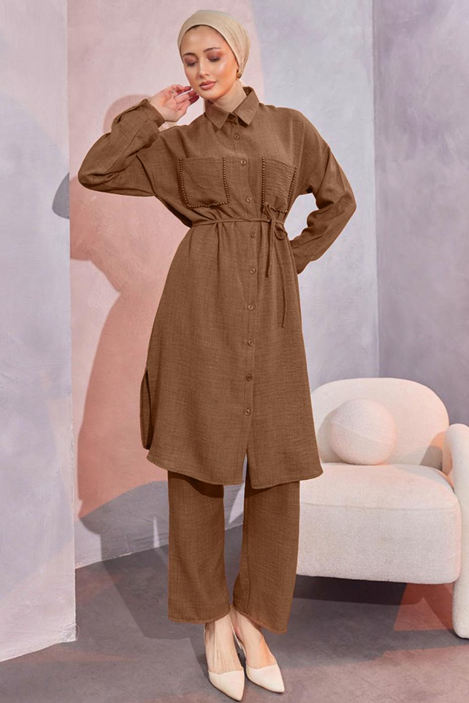 Tesettür giyim KAHVE KETEN GÖRÜNÜMLÜ PANTOLONLU TAKIM T 5304