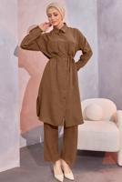 Tesettür giyim KAHVE KETEN GÖRÜNÜMLÜ PANTOLONLU TAKIM T 5304