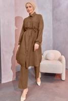 Tesettür giyim KAHVE KETEN GÖRÜNÜMLÜ PANTOLONLU TAKIM T 5304