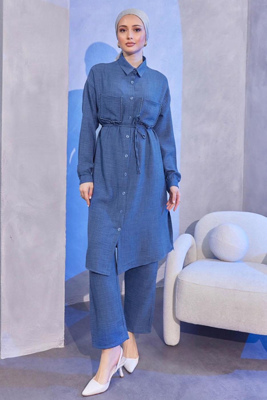 Tesettür giyim LACİVERT KETEN GÖRÜNÜMLÜ PANTOLONLU TAKIM T 5304