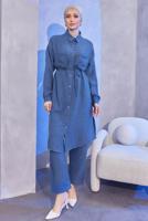 Tesettür giyim LACİVERT KETEN GÖRÜNÜMLÜ PANTOLONLU TAKIM T 5304